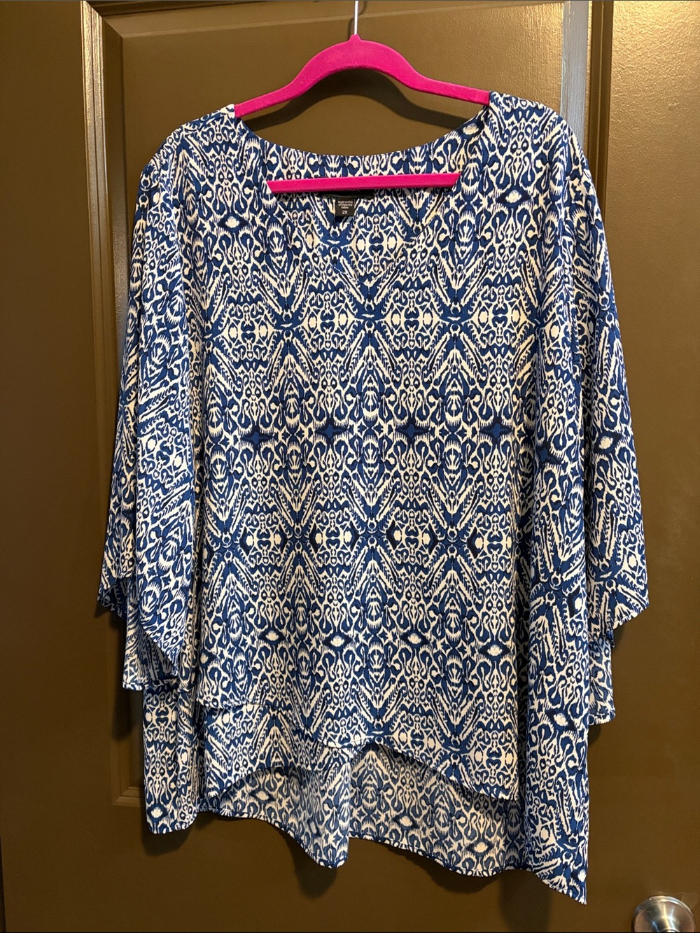 Karen Kane Blue and White Ikat-Print Tunic
